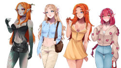 4girls ;d absurdres arm_tattoo armlet babydoll bag bare_arms bare_shoulders black_babydoll black_skirt blonde_hair blue_eyes blue_pants blue_shirt blush braid breasts breasts_apart brown_background brown_cardigan brown_eyes brown_pants cardigan cocktail_glass colored_skin commentary contemporary cowboy_shot crop_top cup denim dress drinking_glass english_commentary eyeshadow grey_skin hand_on_own_chest highres holding holding_bag holding_cup humanization jeans jewelry kxddybu leg_tattoo lips makeup malon medium_breasts midna midna_(true) midriff miniskirt mipha multiple_girls navel necklace nintendo one_eye_closed open_mouth orange_hair pants pointy_ears princess_zelda purple_eyes purple_eyeshadow red_bag red_eyes red_hair shirt simple_background skirt sleeves_past_wrists smile spaghetti_strap standing tattoo the_legend_of_zelda the_legend_of_zelda:_breath_of_the_wild the_legend_of_zelda:_ocarina_of_time the_legend_of_zelda:_twilight_princess twirling_hair white_background yellow_dress
