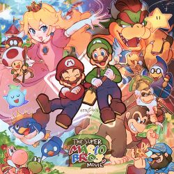 1girl 6+boys ;d absurdres apple beard blonde_hair blue_eyes blue_headwear blue_overalls blue_shirt bowser bracelet breasts brown_footwear brown_hair cape cheese cheese_trail closed_eyes commentary_request copyright_name cranky_kong crown donkey_kong donkey_kong_(series) dress earrings eating elbow_gloves facial_hair food foreman_spike fruit gloves green_headwear green_shirt grin hanaon happy hat highres holding holding_food holding_fruit holding_pizza horns jewelry kamek king_penguin_(mario) koopa_general long_hair long_sleeves looking_at_viewer luigi lumalee mario mario_(series) multiple_boys mustache necktie nintendo one_eye_closed open_mouth overalls para-biddybud penguin_(mario) pink_dress pizza pizza_slice ponytail princess_peach princess_peach&#039;s_castle puffy_short_sleeves puffy_sleeves red_cape red_hair red_headwear red_necktie red_shirt sharp_teeth shirt shoes short_hair short_sleeves small_breasts smile sphere_earrings spiked_bracelet spikes super_star_(mario) teeth the_super_mario_bros._movie toad_(mario) white_gloves white_wings wings yoshi