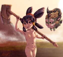 1girl absurdres armpits black_hair breasts collarbone dirty dog farming highres hoe huge_filesize loli nipples nude open_mouth pussy sakuna-hime small_breasts standing sunset tama-jii tensui_no_sakuna-hime vadamecox