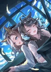ahoge animal_ears black_hair breasts brown_hair casual closed_eyes cloud collarbone commentary_request daring_heart_(umamusume) daring_tact_(umamusume) dutch_angle feathers hair_ornament hat highres horse_ears horse_girl instrument jewelry long_hair looking_at_viewer medium_breasts music necklace open_mouth piano playing_instrument sky umamusume yukota00