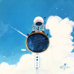 1other absurdres artist_name blue_jacket blue_sky cloud commentary day full_body gloves helmet highres jacket kazunoko_(kazunoko_zunoco) looking_down mini_person mirror night night_sky original other_focus outdoors radio_antenna shooting_star signature sitting sky solo space_helmet star_(sky) starry_sky traffic_mirror white_gloves