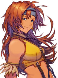 1girl bare_shoulders blue_eyes blue_headband breasts closed_mouth commentary commission cropped_shirt earrings english_commentary final_fantasy final_fantasy_xi headband highres hume jewelry lion_(ff11) long_hair manreeree medium_breasts midriff navel official_art red_hair shirt simple_background sleeveless sleeveless_shirt smile solo white_background yellow_shirt