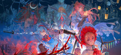 5girls absurdres alice_margatroid alternate_costume apron ascot bat_wings blonde_hair blue_hair bonnet closed_mouth crescent_moon crystal_wings flandre_scarlet frilled_bonnet frills full_body highres hong_meiling izayoi_sakuya lantern long_hair maid maid_apron maid_headdress moon multiple_girls outdoors paper_lantern purple_hair red_ascot red_eyes red_hair remilia_scarlet short_hair sitting sky_lantern sword touhou upper_body weapon wings xiuchundao