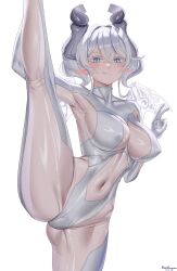 1girl absurdres bodysuit breasts cinderella_(nikke) cinderella_(nikke)_(cosplay) commentary_request cosplay covered_erect_nipples cowboy_shot demon_girl demon_horns demon_wings drill_hair duel_monster grey_eyes grey_hair highres horns large_breasts leotard lovely_labrynth_of_the_silver_castle navel parted_lips pointy_ears rare_lemon see-through_bodysuit see-through_clothes simple_background solo split standing standing_on_one_leg standing_split transparent_wings twin_drills v white_background white_leotard white_wings wings yu-gi-oh!