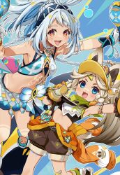 2girls animal_ears armlet bandana bare_shoulders bikini black_shirt black_shorts blonde_hair blue_eyes blue_hair blush body_markings bracelet braid breasts clothes_around_waist crop_top fingerless_gloves genshin_impact gloves green_bandana hairband hat instrument jacket jacket_around_waist jewelry kachina_(genshin_impact) light_blue_hair long_hair looking_at_viewer low_twin_braids maracas medium_breasts mittens mualani_(genshin_impact) multiple_girls natsume_eri navel open_mouth orange_jacket ponytail red_eyes shirt shorts sidelocks small_breasts smile swimsuit tail thighs twin_braids visor_cap white_bikini white_gloves white_hair yellow_hat