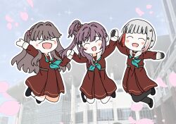 &gt;_&lt; 3girls :d aqua_neckerchief arms_up black_gloves black_pantyhose black_shoes blush brown_dress brown_hair colored_inner_hair commentary_request deformed dress falling_petals flower fujishima_megumi full_body gloves grey_hair hair_bun hair_flower hair_ornament half_gloves hasu_no_sora_school_uniform highres k-arena_yokohama link!_like!_love_live! long_hair long_sleeves love_live! multicolored_hair multiple_girls neckerchief open_mouth otomune_kozue outline pantyhose petals photo_background pink_petals purple_hair raised_inner_eyebrows red_flower red_hair sailor_collar sailor_dress school_uniform shoes short_hair side_ponytail sidelocks single_side_bun smile socks star_(symbol) star_hair_ornament streaked_hair tassel tassel_hair_ornament two_side_up virtual_youtuber watage_modoki white_outline white_sailor_collar white_socks xd yugiri_tsuzuri
