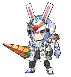 animal_ears braid carrot chibi gundam hair_ornament holding holding_weapon hololive lance mecha mecha_musume pekodam pinguinkotak polearm rabbit_ears red_eyes robot solo twin_braids usada_pekora virtual_youtuber weapon