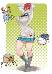 absurdres amate_yuzuriha arms_behind_head border breasts full_body gquuuuuux green_eyes gundam gundam_gquuuuuux haro highres knee_socks koucha_indian large_breasts looking_at_viewer necktie red_hair shiny_skin short_hair simple_background skirt standing sweater thick_thighs thighs white_border