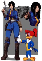 2girls absurdres black_hair blue_jumpsuit boots breasts character_request fallout_(prime_video) fallout gloves gun highres holding holding_gun holding_weapon jumpsuit jumpsuit_around_waist kekel large_breasts long_hair looking_at_viewer lucy_maclean medium_breasts multiple_girls orange_eyes ponytail red_hair simple_background smile toon_(style) vault_suit weapon