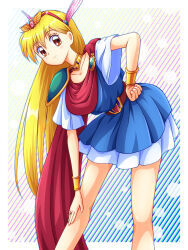1girl akazukin_chacha armor belt blonde_hair brooch brown_eyes cape chacha_(akazukin_chacha) commentary_request dress eyelashes gold_choker gold_ring gold_wrist_cuffs headband highres jewelry long_hair magical_girl magical_princess mimimix red_cape ring shoulder_armor single_shoulder_pad smile winged_headwear