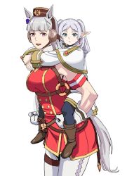 Rule 34 | 2girls, :d, :|, animal ears, arm around shoulder, black pantyhose, blunt bangs, boots, bow, breasts, brown boots, capelet, carrying, clenched hands, closed mouth, commentary, crossover, dress, ear bow, ear covers, elf, english commentary, expressionless, frieren, full body, gloves, gold ship (umamusume), green eyes, grey hair, highres, horse ears, horse girl, horse tail, large breasts, long hair, long pointy ears, long sleeves, looking at viewer, multiple girls, open mouth, pantyhose, parted bangs, piggyback, pillbox hat, pink eyes, pointy ears, purple bow, red dress, shiren (ourboy83), simple background, size difference, sleeve cuffs, sleeveless, sleeveless dress, smile, sousou no frieren, tail, thick eyebrows, toned, toned female, twintails, umamusume, upper body, white background, white capelet, white gloves