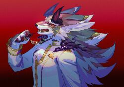 1boy bael_(housamo) claws commentary_request furry furry_male gradient_hair horns jackal_boy jacket long_hair long_sleeves looking_at_viewer male_focus multicolored_hair open_mouth red_background red_eyes sharp_teeth solo sora-ya_(uya_kyo) teeth tokyo_houkago_summoners upper_body very_long_hair white_jacket