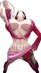 1girl absurdres amazon_warrior blurry boa_hancock breasts collarbone commentary crop_top depth_of_field earrings english_commentary feet_out_of_frame female_focus floral_print foreshortening hand_on_own_hip high_heels highres jewelry large_breasts legs_apart long_hair long_sleeves looking_up midriff narrow_waist navel one_piece open_clothes perspective plunging_neckline pointing pointing_at_viewer red-skirt red_shirt revealing_clothes sarong shirt simple_background snake_earrings solo toomy_woomy white_background