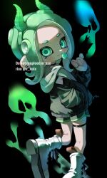 1girl artist_name black_background black_choker black_jacket black_shorts blush boots candy choker closed_mouth commentary_request cross cross_earrings dolphin_shorts earrings fake_horns film_grain food foot_out_of_frame ghost green_eyes green_hair green_hairband green_horns hairband hand_in_pocket hand_up highres holding holding_candy holding_food holding_lollipop hood hood_down hoodie horn_hairband horns jacket jewel_under_eye jewelry lollipop long_sleeves looking_at_viewer looking_back medium_hair multiple_earrings myon_rio nintendo octoling octoling_girl octoling_player_character parted_bangs ring shorts simple_background smile solo splatoon_(series) stud_earrings suction_cups tentacle_hair thigh_strap twitter_username watermark white_boots white_hoodie