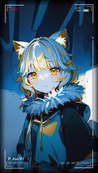 Rule 34 | 1girl, animal ear fluff, animal ears, battery indicator, blonde hair, blush, cat ears, cat girl, closed mouth, coat, drawstring, english text, fur-trimmed jacket, fur trim, highres, hood, hood down, jacket, long sleeves, looking at viewer, medium hair, multicolored hair, nemo (vrchat), orange eyes, orange hair, recording, short hair, solo, streaked hair, suiki teru, timestamp, upper body, viewfinder, vrchat, white hair, yellow eyes