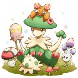 animal_focus breloom claws colored_skin commentary_request dated foongus gen_1_pokemon gen_3_pokemon gen_5_pokemon gen_7_pokemon grass green_skin morelull mushroom nintendo no_humans on_head paras pokemon pokemon_(creature) pokemon_on_head shroomish signature solid_circle_eyes solid_oval_eyes toedscool wataame4907 white_background