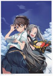 2girls absurdres adjusting_eyewear airi_(robotics;notes) back-to-back bare_shoulders belt belt_pouch black_dress blue_eyes blue_skirt brown_hair chest_bow chuo_tanegashima_high_school_uniform clothes_lift cloud crop_top dress ears_visible_through_hair fukuda_tomonori glasses grey_hair hair_between_eyes hair_bun hand_on_eyewear highres holding holding_tablet_pc holding_toy hooded_dress leather_belt long_hair looking_at_viewer midriff_peek miniskirt multiple_girls non-web_source official_art open_mouth outdoors pleated_skirt pouch red-framed_eyewear robotics;notes sailor sailor_collar school_uniform senomiya_akiho shirt shirt_lift short_sleeves sidelocks skirt skirt_lift sky sleeveless sleeveless_dress smile tablet_pc tanegashimachine-3 teeth thigh_peek thighs tongue toy toy_robot upper_teeth_only very_long_hair white_sailor_collar white_shirt