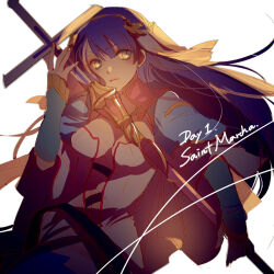 1girl breasts center_opening character_name closed_mouth eyelashes fate/grand_order fate_(series) fingernails grey_eyes holding holding_polearm holding_weapon jikei large_breasts long_hair looking_at_viewer martha_(fate) polearm purple_hair simple_background solo weapon white_background