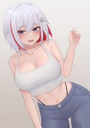 1girl :d absurdres bare_arms bare_shoulders breasts cleavage colored_inner_hair commentary cowboy_shot crop_top exy_exii grey_background grey_hair grey_pants hair_between_eyes hair_ornament highres honkai:_star_rail honkai_(series) large_breasts looking_at_viewer midriff multicolored_hair navel open_mouth pants panty_straps purple_eyes red_hair short_hair simple_background smile solo standing stomach tank_top topaz_(honkai:_star_rail) white_tank_top