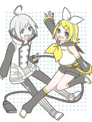 1boy 1girl :d ahoge androgynous aqua_eyes aqua_nails arm_up black_leggings black_sleeves blonde_hair boots bow buttons commentary_request double-breasted green_eyes grey_boots grey_leg_warmers grey_shorts grey_sleeves hair_bow hair_ornament hairclip headphones heterochromia kagamine_rin leg_warmers leggings looking_at_viewer open_mouth sailor_collar sailor_shirt shirt shoes short_hair shorts simple_background skc sleeveless sleeveless_shirt sleeveless_tunic smile tail tunic usb_cable utatane_piko vocaloid white_bow white_hair white_shoes white_tunic yellow_bow yellow_nails yellow_trim