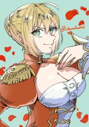 Rule 34 | 1girl, ahoge, blonde hair, breasts, bun with braided base, cibamatoxins, cleavage, cleavage cutout, clothing cutout, commentary request, epaulettes, fate/extra, fate (series), green eyes, hair bun, hair intakes, highres, juliet sleeves, large breasts, long sleeves, nero claudius (fate), nero claudius (fate/extra), petals, profile, puffy sleeves, single hair bun, smile, solo, twitter username, upper body, v-shaped eyebrows