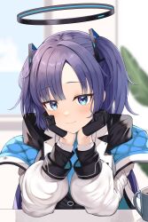 1girl black_gloves black_halo black_jacket blue_archive blue_eyes blush closed_mouth commentary_request commission gloves halo hands_on_own_cheeks hands_on_own_face head_rest highres jacket long_hair long_sleeves looking_at_viewer mechanical_halo open_clothes open_jacket purple_hair shirt skeb_commission solo two_side_up white_jacket white_shirt yamato_(muchuu_paradigm) yuuka_(blue_archive)