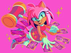 1girl amy_rose animal_ears boots card dress eyelashes fangs furry gloves green_eyes grin hammer highres holding holding_hammer nolvini open_mouth pink_background pink_fur red_boots red_dress smile solo sonic_(series) sparkle tail tarot tarot_card white_gloves
