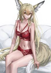 1girl alternate_costume animal_ears arknights bare_arms bare_shoulders blonde_hair blush bra closed_mouth fox_ears fox_girl fox_tail hair_between_eyes khione_(yukhione) long_hair looking_at_viewer navel orange_eyes panties red_bra red_panties scar scar_on_face sidelocks sitting smile solo stomach tail underwear underwear_only vulpisfoglia_(arknights)