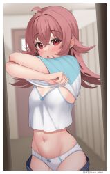 1girl :o absurdres ahoge blurry blurry_background blush bow bow_panties breasts camisole crop_top crossed_arms groin highres idolmaster idolmaster_cinderella_girls komiya_kaho looking_at_viewer navel panties pyonsan raglan_sleeves red_eyes red_hair small_breasts solo twitter_username underwear undressing white_camisole white_panties