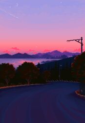 absurdres cloud commentary eastblueace english_commentary forest gradient_sky grass highres lamppost landscape mountain mountainous_horizon nature no_humans ocean original outdoors pixel_art road scenery sky street sunset tree