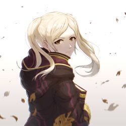 1girl black_robe book brown_eyes chibi-pit closed_mouth commentary english_commentary fire_emblem fire_emblem_awakening from_behind highres holding holding_book hugging_book hugging_object long_hair nintendo robe robin_(female)_(fire_emblem) robin_(fire_emblem) simple_background smile solo twintails upper_body white_background white_hair