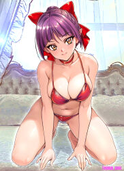 1girl bikini bow breasts choker cleavage gegege_no_kitarou gegege_no_kitarou_6 hair_bow hair_bun highres looking_at_viewer nekomusume nekomusume_(gegege_no_kitarou_6) oyaman purple_hair red_bikini red_bow red_choker swimsuit thighs yellow_eyes