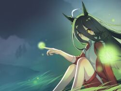 Rule 34 | 1girl, :/, ahoge, animal ears, blush, dev grater, ear tag, earrings, fireflies, hair between eyes, hand up, highres, horse ears, horse girl, index finger raised, jacket, jewelry, knee up, long bangs, long hair, long hair between eyes, long sleeves, manhattan cafe (umamusume), multicolored hair, on grass, red jacket, red shorts, shorts, single earring, sleeves rolled up, solo, umamusume, variant set, very long hair, white hair