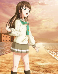 1girl aqua_eyes artbook beach black_hair black_socks blunt_bangs buttons cloud green_neckerchief grey_sailor_collar grey_skirt hair_ornament hairclip highres kneehighs kurosawa_dia long_hair long_sleeves love_live! love_live!_sunshine!! miniskirt mole mole_under_mouth neckerchief non-web_source ocean official_art open_mouth outdoors pleated_skirt sailor_collar school_uniform serafuku shirt skirt sky socks solo standing sunset tie_clip uranohoshi_school_uniform white_shirt winter_uniform