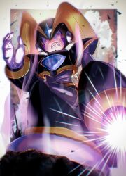 1boy android angry arm_cannon armor bass_(mega_man) black_armor black_helmet cang_she chest_jewel cloud cloudy_sky facial_mark forehead_jewel helmet highres jewelry looking_down male_focus mega_man_(classic) mega_man_(series) out_of_frame red_eyes robot robot_ears shoulder_armor signature sky solo standing standing_on_one_leg teeth weapon
