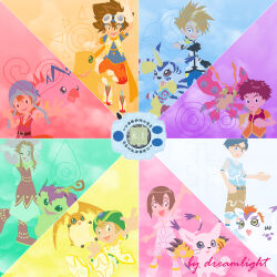 3girls 5boys angemon birdramon crests_(digimon) digimon digimon_(creature) digivice fdreamlight garurumon glasses greymon ikkakumon ishida_yamato izumi_koshiro kabuterimon kido_jo multiple_boys multiple_girls tachikawa_mimi tailmon takaishi_takeru takenouchi_sora togemon yagami_hikari yagami_taichi