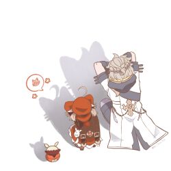 1boy 1girl ahoge albedo_(genshin_impact) blonde_hair cat_shadow_puppet_(meme) coat crossed_arms dodoco_(genshin_impact) double_w facing_away from_behind genshin_impact gloves hat highres jumpy_dumpty klee_(genshin_impact) meme middle_w newsboy_cap pointy_ears ri_hu_hu shadow shadow_puppet simple_background squatting twintails w white_background