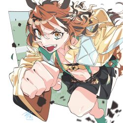 1girl animal_ears black_shorts brown_hair fangs highres horse_ears machi_(wm) running shorts solo umamusume