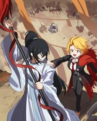 1boy 2girls absurdres black_coat black_hair black_pants blonde_hair coat collared_shirt don_quixote_(project_moon) faceless faceless_male feather_boa hand_on_another&#039;s_shoulder highres holding holding_polearm holding_weapon hong_lu_(project_moon) jia_mu_(project_moon) limbus_company long_hair long_sleeves multiple_girls necktie open_mouth pants polearm ponytail project_moon red_eyes red_necktie robe sancho_(project_moon) sash shirt short_hair spoilers weapon white_robe white_shirt wide_sleeves yzj21333