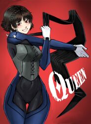 1girl absurdres black_scarf blue_bodysuit blush bodysuit braid breasts brown_hair chaosoded commentary cowboy_shot crown_braid english_commentary gloves gluteal_fold gradient_background highres long_sleeves looking_at_viewer medium_breasts niijima_makoto outstretched_arm persona persona_5 red_background red_eyes scarf short_hair shoulder_spikes smile solo spikes stretching thigh_gap white_gloves wide_hips
