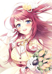 Rule 34 | 1girl, bare shoulders, bliss (ferment factory), blue eyes, bouquet, dress, flower, hair ornament, highres, holding, holding bouquet, idol, idol clothes, long hair, looking at viewer, microphone, minamoto sakura, red hair, smile, solo, tears, white dress, zombie land saga
