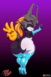1girl artist_name ass blonde_hair boots colored_skin elbow_gloves female_focus fingerless_gloves from_behind gloves gradient_background helmet high_heel_boots high_heels highres huge_ass long_hair looking_at_viewer looking_back midna multicolored_skin nintendo pointy_ears purple_background red_eyes shiny_skin shortstack smile solo the_legend_of_zelda the_legend_of_zelda:_twilight_princess thecon thick_thighs thighs two-tone_skin wide_hips