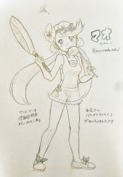 1girl artist_name bare_shoulders blush breasts character_name closed_mouth collarbone female_focus flower frying_pan full_body graphite_(medium) hair_flower hair_ornament hairband hands_up highres holding holding_frying_pan holding_ladle japanese_text ladle legs legs_apart lemonade_kokoi long_hair looking_at_viewer mallow_(pokemon) nintendo overalls pokemon pokemon_(anime) pokemon_sm_(anime) shirt shoes signature simple_background sketch small_breasts solo squiggle standing strapless strapless_shirt swept_bangs thighs traditional_media translation_request twintails twitter_username very_long_hair white_background