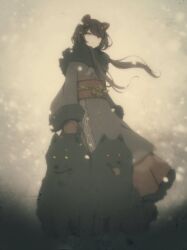 1girl alternate_costume animal_ears banken_(inui_toko) black_dog brown_hair brown_mittens brown_skirt closed_mouth commentary_request dog dog_ears dog_girl fake_photograph fangs fingerprint floating_hair frown full_body fur-trimmed_kimono fur-trimmed_skirt fur_trim grey_kimono hair_over_shoulder heterochromia highres inui_toko inumoto japanese_clothes kimono long_hair long_skirt looking_at_viewer low_twintails mittens nijisanji obi obiage obijime outdoors red_eyes red_pupils red_sash sash sepia skirt snowing solid_eyes tongue tongue_out twintails very_long_hair vignetting virtual_youtuber wind yellow_eyes yellow_pupils