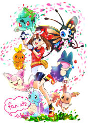 Rule 34 | 1girl, antennae, bag, beautifly, blue eyes, blush, blush stickers, brown hair, bulbasaur, eevee, flower, gen 1 pokemon, gen 3 pokemon, gen 4 pokemon, hat, highres, konomiya koume, may (pokemon), munchlax, nintendo, open mouth, petals, pokemon, pokemon (anime), pokemon (creature), pokemon rse (anime), shoes, sidelocks, skitty, smile, squirtle, standing, standing on one leg, torchic