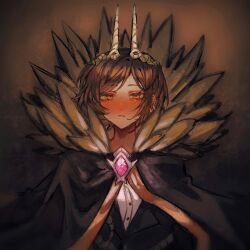 1girl black_cape bngb_love brown_background brown_eyes brown_hair cape closed_mouth dark-skinned_female dark_skin e.g.o_(project_moon) earrings ebony_stem_(e.g.o) fur-trimmed_cape fur_trim gem highres horns jewelry limbus_company looking_at_viewer outis_(project_moon) pink_gemstone project_moon shirt short_hair simple_background solo upper_body white_shirt