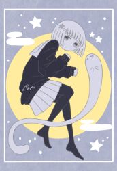 Rule 34 | 1girl, black pantyhose, black sweater, egasumi, from side, full body, full moon, ghost, highres, long sleeves, looking at viewer, looking to the side, moon, no shoes, omochi noa, original, pantyhose, pinching sleeves, pleated skirt, school uniform, serafuku, short hair, signature, skirt, sleeves past wrists, star (symbol), sweater