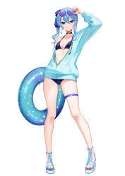 1girl absurdres adjusting_eyewear alternate_costume arm_up asymmetrical_sidelocks bikini blue_bikini blue_choker blue_eyes blue_hair blue_jacket blue_nails blue_ribbon boots breasts choker commentary_request double-parted_bangs eyewear_on_head full_body hair_between_eyes hair_ribbon highres holding holding_swim_ring hololive hoshimachi_suisei innertube jacket looking_at_viewer medium_hair nail_polish navel o-ring o-ring_bikini o-ring_top open-toe_boots parted_lips partially_unzipped purple-tinted_eyewear ribbon round_eyewear side_ponytail sidelocks simple_background single_off_shoulder small_breasts solo star_(symbol) star_in_eye sunglasses swim_ring swimsuit symbol_in_eye tachi-e telu_(teluscarlet) thigh_strap tinted_eyewear toes transparent_hand virtual_youtuber white_background