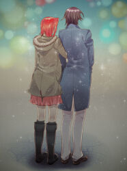 Rule 34 | 1boy, 1girl, black hair, blue coat, boots, christmas, coat, code geass, from behind, full body, green coat, hetero, hood, hooded coat, kouzuki kallen, lac., lelouch vi britannia, locked arms, red hair, red skirt, shoes, short hair, skirt, snowing, sparkle, sparkle background, winter clothes