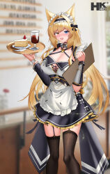 1girl :d absurdres animal_ears arknights artist_logo black_bow blonde_hair blue_eyes blurry blurry_background blush bow breasts cake cake_slice chinese_commentary cleavage commentary_request cup drink drinking_glass fang feet_out_of_frame food frills fruit hair_intakes heterochromia highres hk419 holding holding_tray indoors large_breasts logo long_hair looking_at_viewer maid maid_headdress nightmare_(arknights) open_mouth saucer smile solo standing strawberry tray watermark yellow_eyes